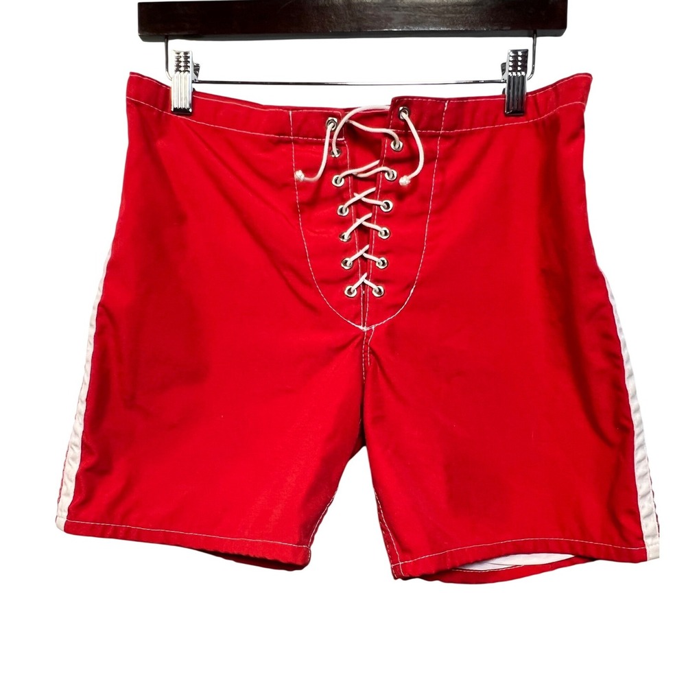 Kanvas by Katin Vintage Red Lace Up Board Shorts Surf Trunks Mens 32 Stripe